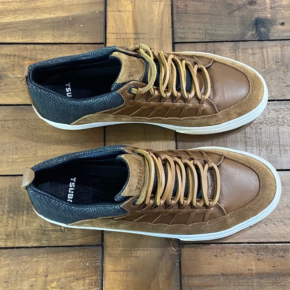 Tsubo Mens Brown Leather Suede Herringbone Low Top Sneakers Size 9